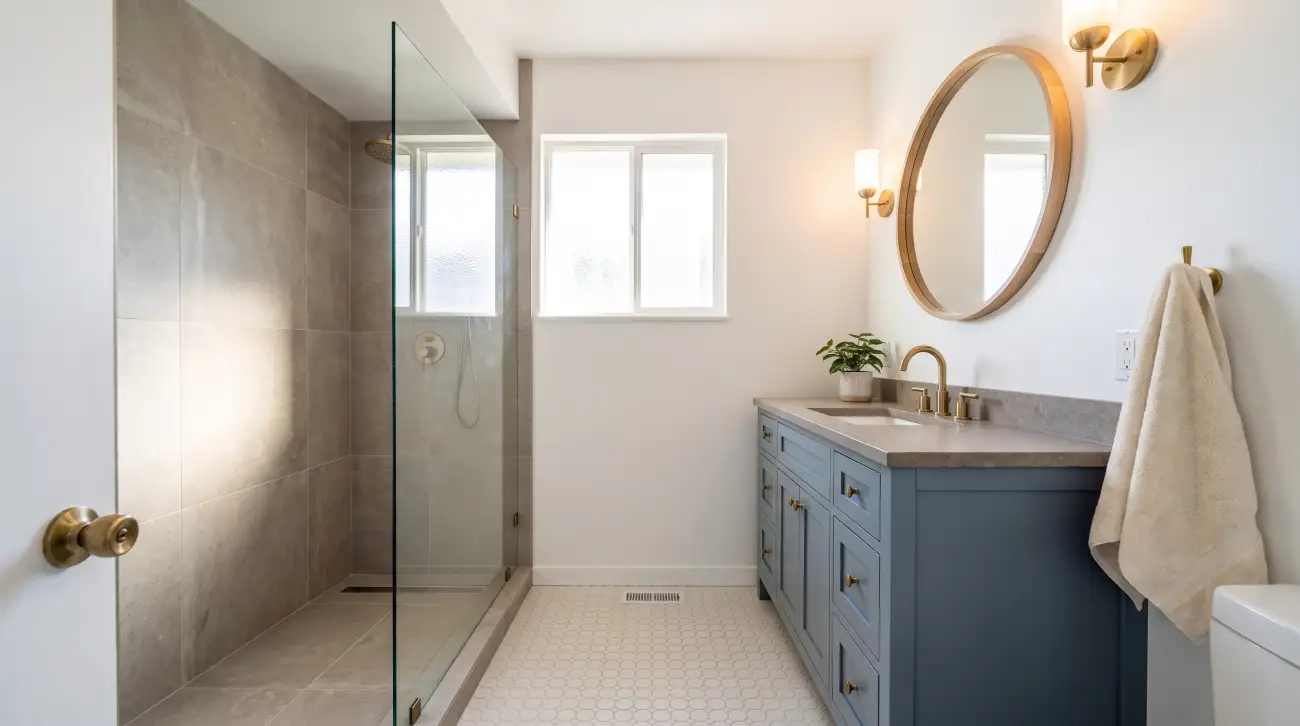 Same bathroom after remodel with curbless walk-in shower, steel-blue vanity and hex tile floor