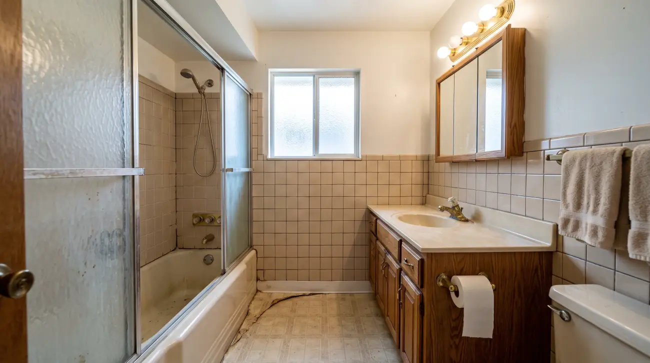Dated 1960s hall bathroom with beige tile, worn tub and oak vanity before remodeling