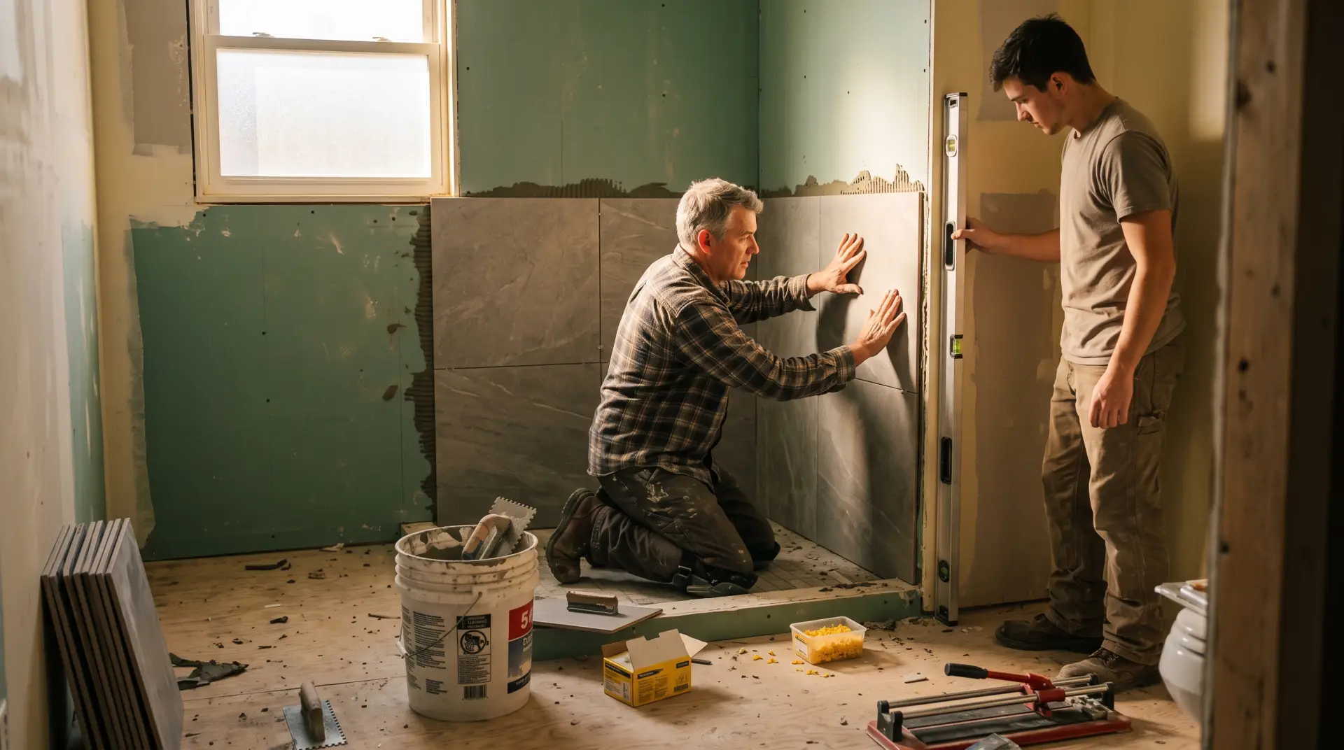 Two-man crew setting large-format wall tile in a Knoxville bathroom remodel