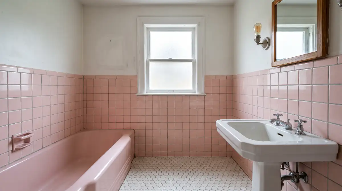 A 1940s Knoxville hall bathroom with pink tile and a pink cast-iron tub, as found