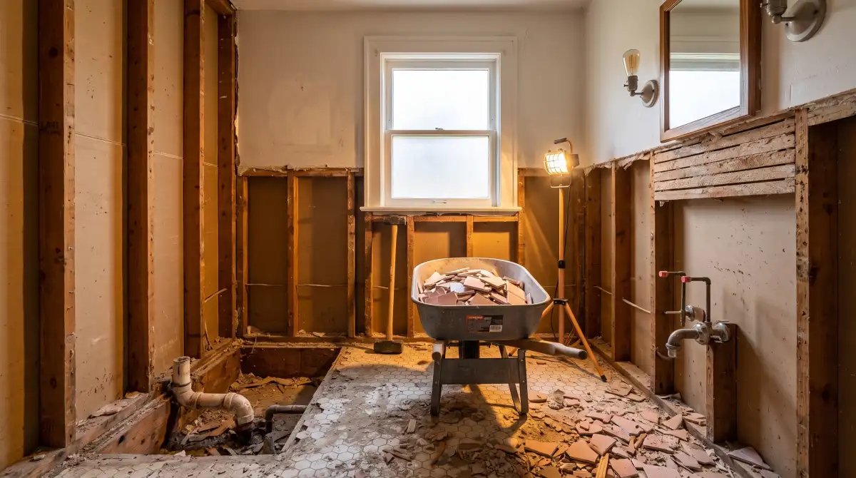 The same bathroom gutted to the studs on demolition day