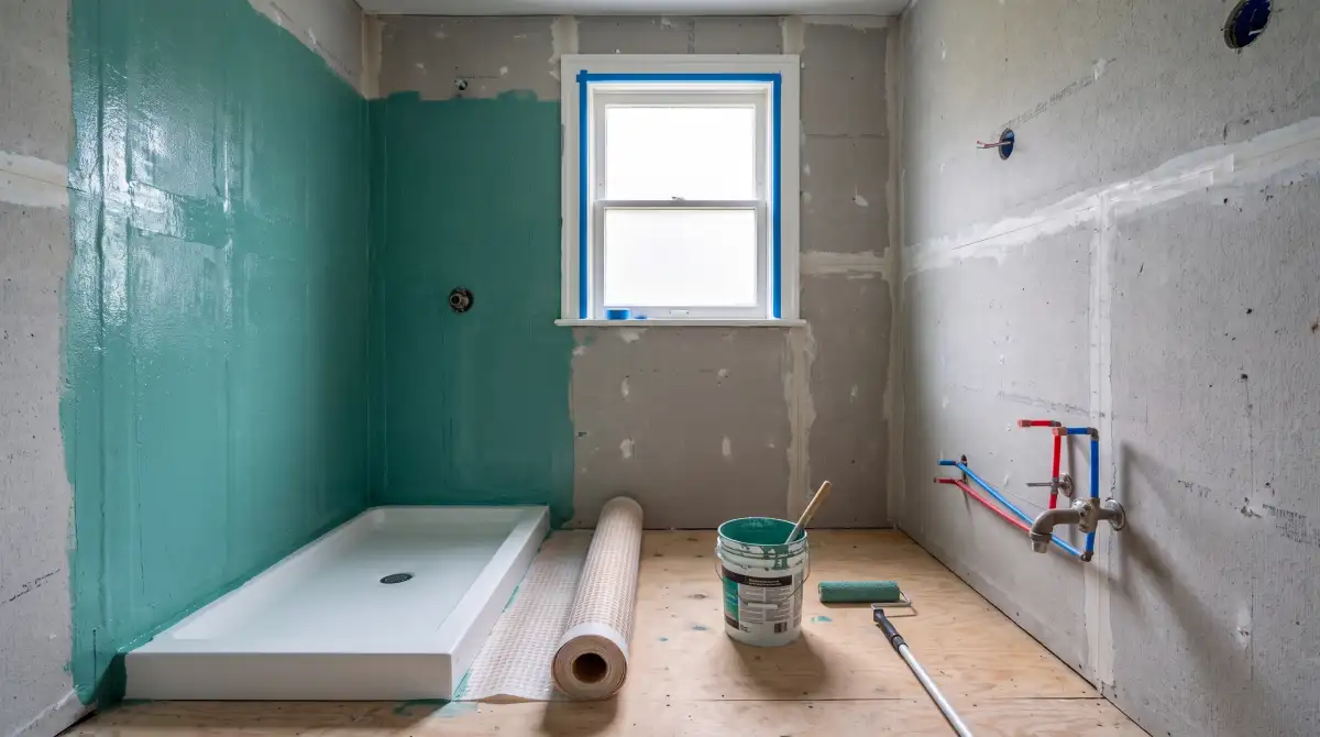 The same bathroom with backer board hung and teal waterproofing membrane rolled on