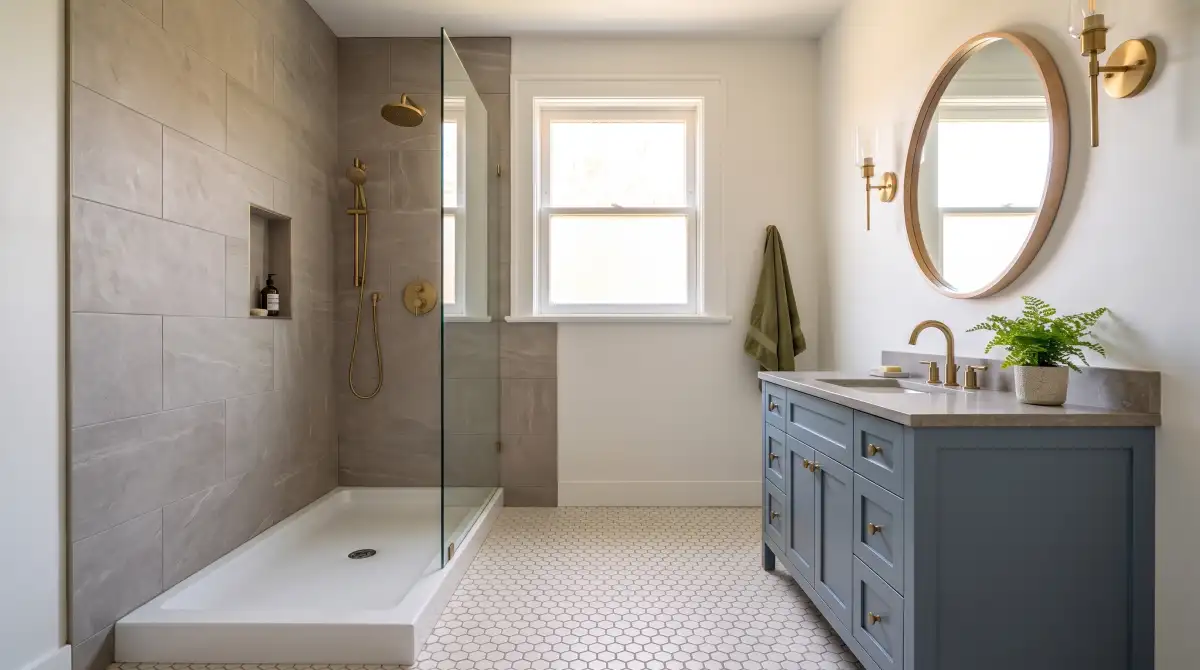 The same bathroom finished: walk-in shower, steel-blue vanity, brass fixtures