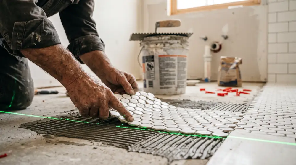 Tile setter pressing hexagonal mosaic floor tile into fresh thinset