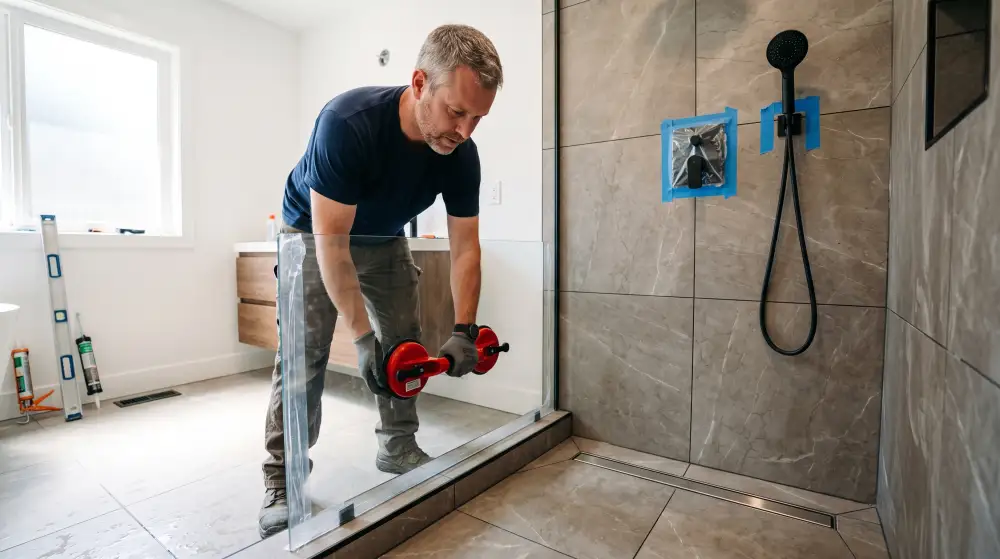 Installer setting a frameless glass panel in a new walk-in shower