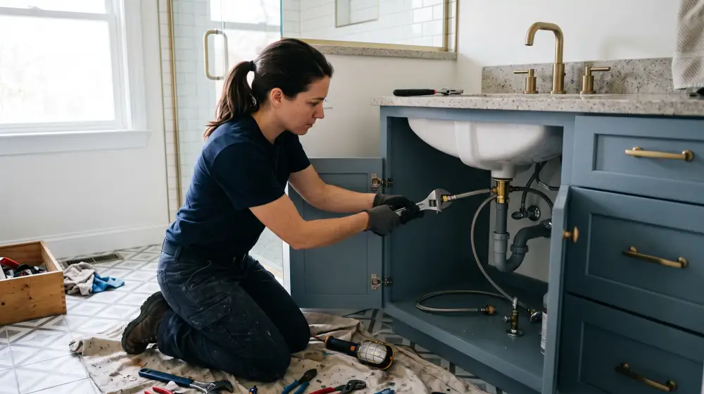 Plumber connecting supply lines under a new blue-gray shaker vanity